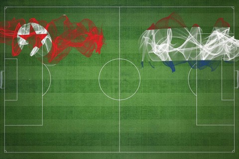 North Korea vs Netherlands Soccer Match, national colors, national flags, soccer field, football