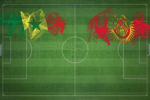 Senegal vs Kyrgyzstan Soccer Match, national colors, national flags, soccer field, football game,