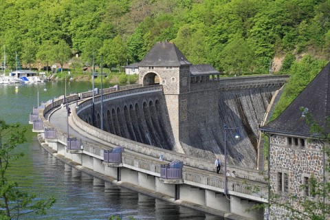 Edersee, Edertalsperre in spring people on the dam, blue water, green nature, Hesse, Edertal,