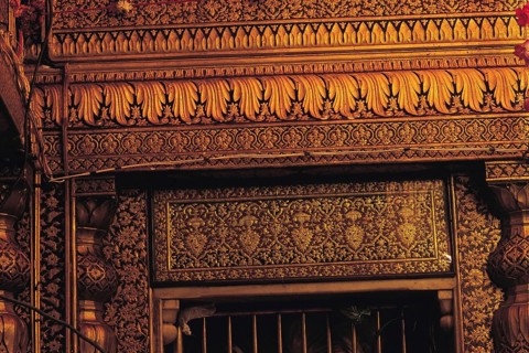 Gold plate embossed golden temple, amritsar, punjab, india, asia