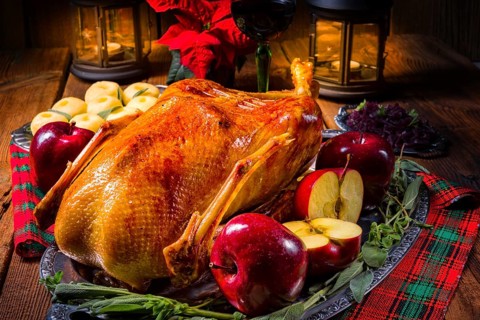 Festive stuffed roast goose with red cabbage and dumplings
