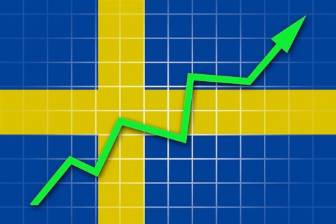 The Swedish flag and arrow graph going up