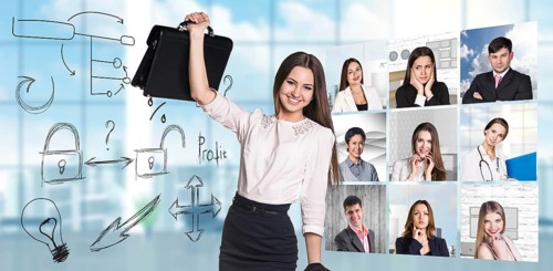 Collage of people from different professions squared blocks with business concept and businesswoman