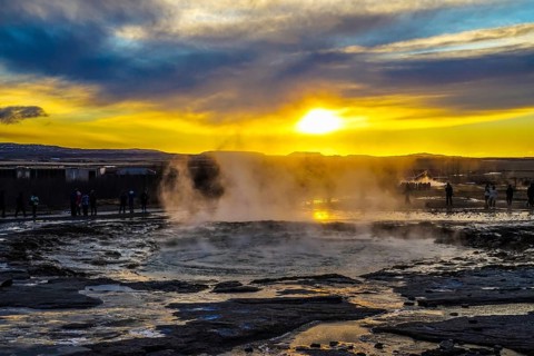 Geysir geyser and sunrise Iceland. Shooting Location: Iceland, Reykjavik