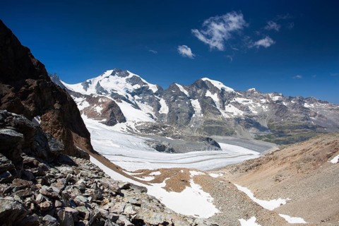 View from the Diavolezza to the mountains and glaciers, Switzerland, Europe