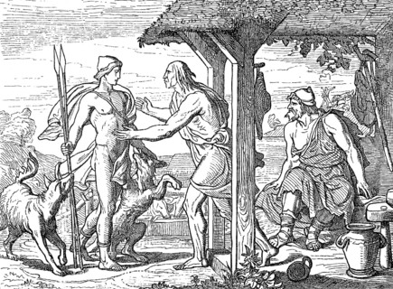 Odysseus sits by the fire as Eumaeus discovers Telemachus at the entrance of his hut, Homer's