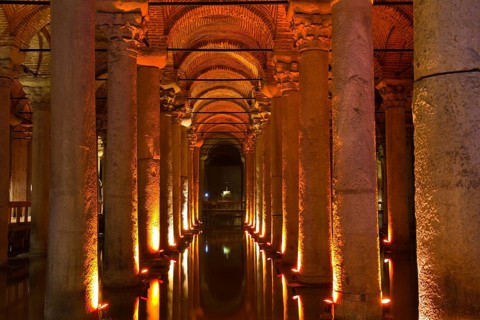 Illuminated cistern of the sunken palace basilica, Istanbul, Turkey Istanbul, Turkey, Asia