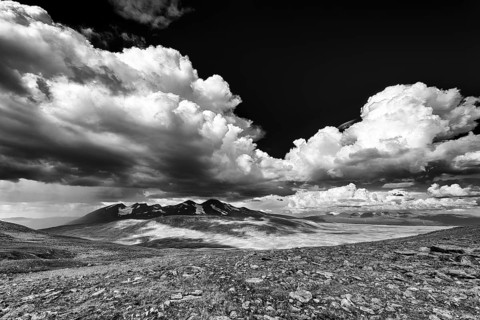 Rain shower over the Acre Massif, Stora Sjöfallet National Park, World Heritage Laponia,