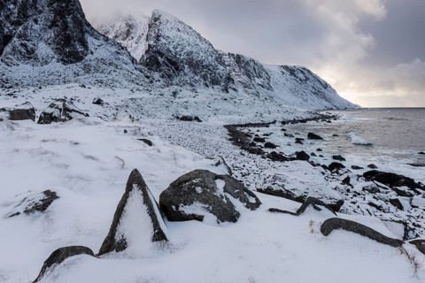 Snow-covered coast, Eggum Nature Reserve, Vetsvagoy, Lofoten, Nordland, Norway, March 2015, Europe