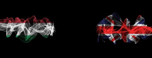 Flags of Hungary and United Kingdom on Black background, Hungary vs United Kingdom Smoke Flags