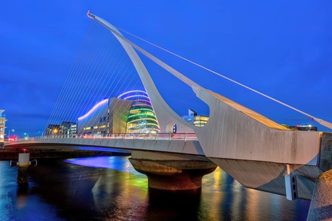 The Samuel Beckett Bridge in Dublin, Ireland, at dusk, Europe