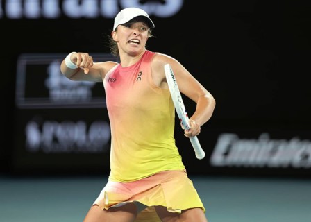 Polish tennis player Iga Swiatek celebrating at the Australian Open 2025 tournament, Melbourne