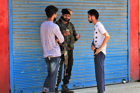 Army man during death anniversary of Hizbul Mujahideen, Kashmir, India, Asia