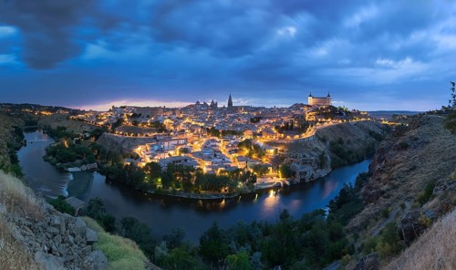 Panoramic view of Toledo after sunset, Spain, Europe