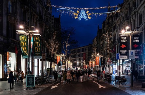 Antwerp, Flanders, Belgium, 12 28 2020 The central shopping street De Meir at night during