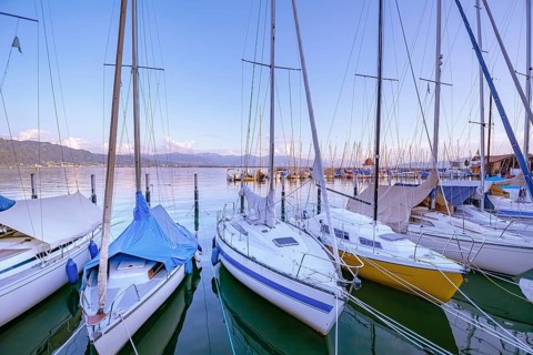 Moored yachts on Bodensee (Lake Constance) in Lindau, Germany Lindau, Germany, Europe