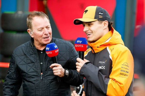 Lando Norris of Great Britain and McLaren Formula 1 Team chats to Martin Brundle after winning the