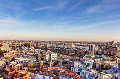 Aerial view of Hamburg with Speicherstadt and Elbphilharmonie