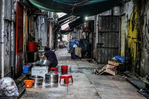 Back of the street of the city of Hong Kong. Shooting Location: Hong Kong Special Administrative
