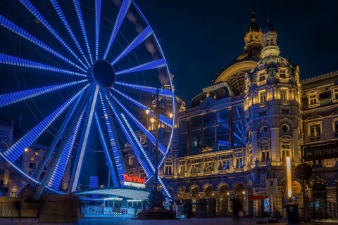 Antwerp, Belgium, March 21st 2024: The View ferris wheel on NMBS Central Railwaystation on Queen