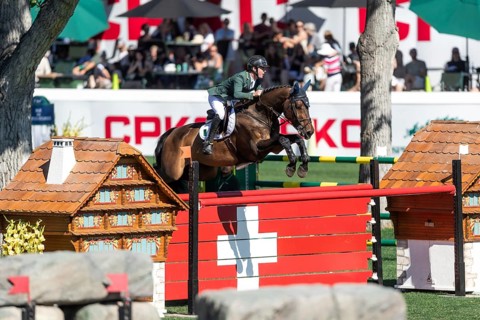 Michael Pender of Ireland, riding HHS Calais competes in the BMO Nations Cup during the CSIO Spruce