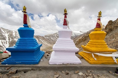Three stupas in the high mountains of Ladakh, India, Asia