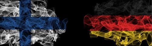 Flags of Finland and Germany on Black background, Finland vs Germany Smoke Flags