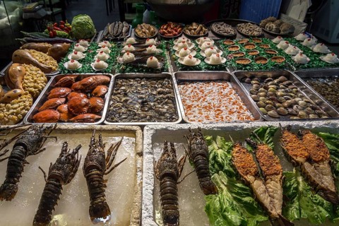 Gourmet mixed fresh seafood on display at xiamen street market china