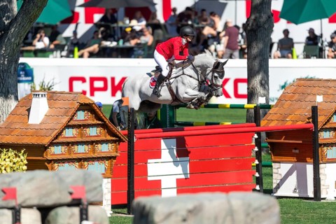 Geraldine Straumann of Switzerland, riding Long John Silver 3 compete in the BMO Nations Cup during