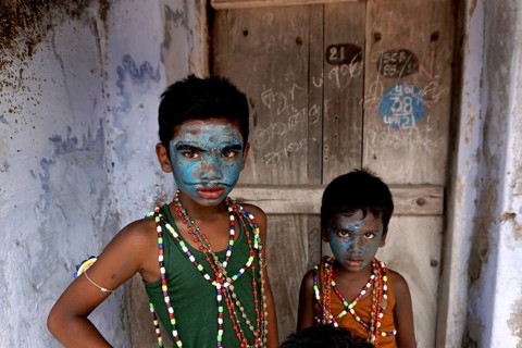 Children dress as Hindu Gods near Mutharamman temple, Tamil Nadu, India, Asia