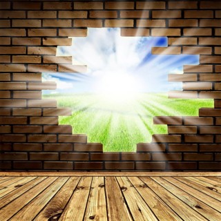 Summer scenery through the hole in the brick wall of room with wooden floor