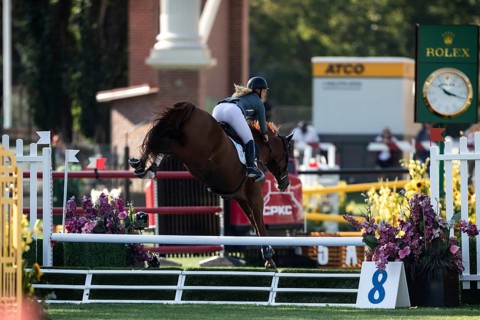 Jaydan Stettner of Canada and riding Ielinea JTL competes in the 1.45m Enbridge Cup at the Spruce