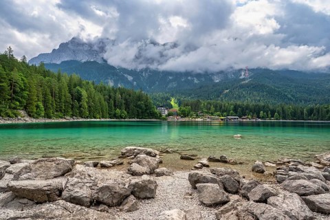 Zugspitze Peak top of Germany Alps mountain range and Eibsee Lake, Garmisch Partenkirchen Germany