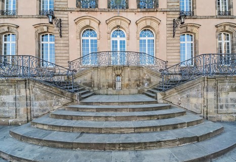 Echternach, The Grand Duchy of Luxembourg, 04 14 2019, The double stairs and facade of the