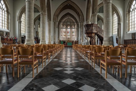 Veurne, West Flanders Region, Belgium, 07 18 2021 Interior design of the gothic church, Europe