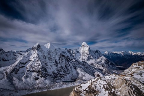 Ama Dablam and other Mountains and Dramatic Sky. Nepal, Himalaya