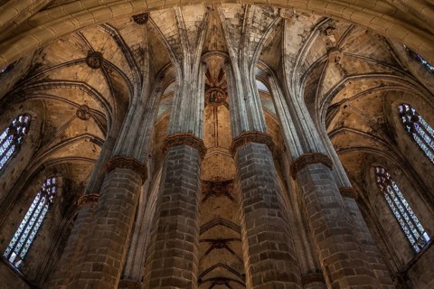 Interior of Santa Maria del Mar, the most beautiful gothic church in Barcelona