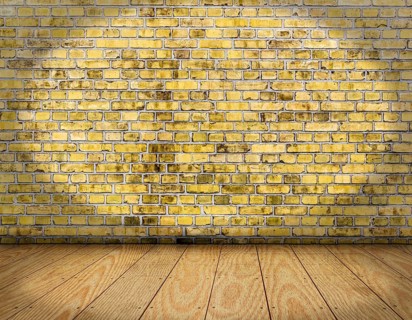 Room interior vintage with yellow brick wall and wood floor background