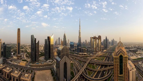 Dubai, UAE, July 21, 2018: Beautiful panoramic view of Dubai skyline just before sunset time