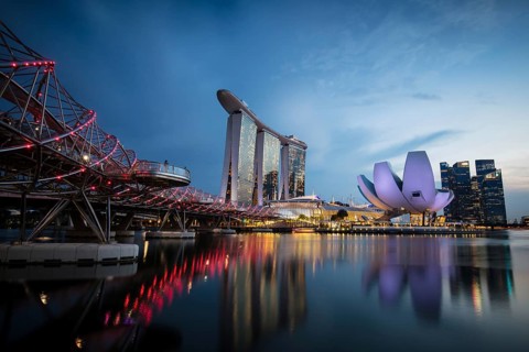 Marina Bay Sand area and Helix Bridge at dusk on a clear day on November 24th 2019