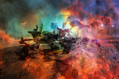 Curiosity rover exploring the surface of Mars. Science fiction wallpaper. Elements of this image