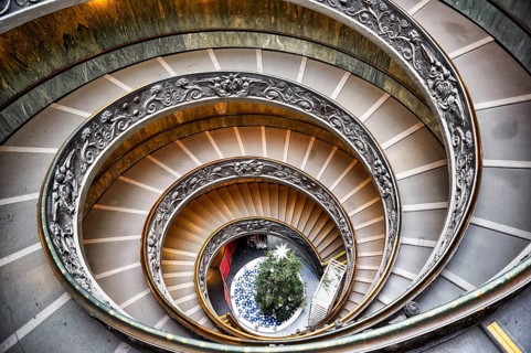 Bramante double helix staircase in Vatican Museums. Rome Italy