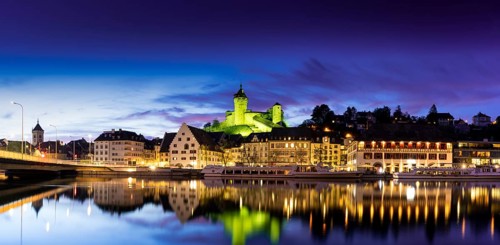 A horizontal river view and panorama cityscape of Schaffhausen with the Rhine River and Munot at