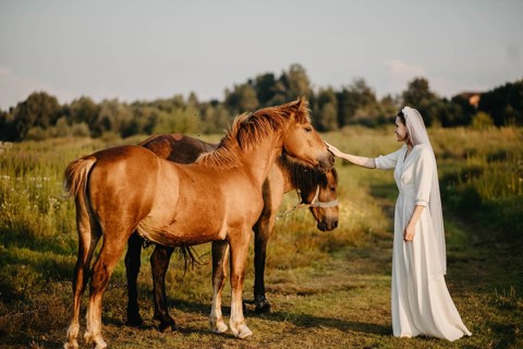 A woman in a white dress gently touches one of two horses on a grass field