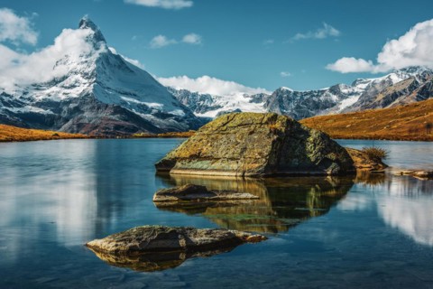 Matterhorn reflection in the lake Stellisee, Switzerland, Europe