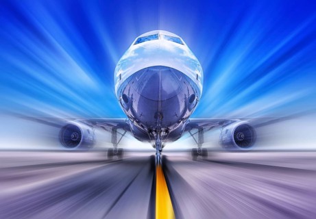 airplane on a runway while take off