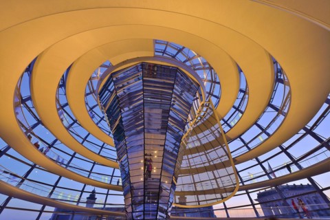 Reichstag building in Berlin. The large glass dome at the very top of the Reichstag has a