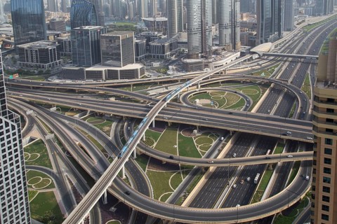 Dubai, United Arab Emirates, July 20, 2018: Aerial view of the Sheikh Zayed Junction with