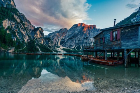 Panoramic view of the Braies Lake in the Dolomites in Italy
