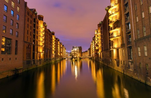 The Speicherstadt in Hamburg by night
